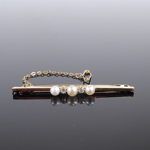 621 - A 9ct gold 5-stone pearl and diamond bar brooch, maker's marks PP Ltd, brooch length 51mm, 3.3g