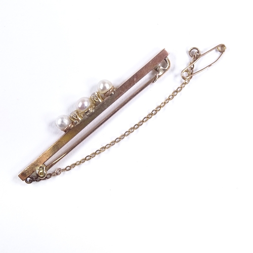 621 - A 9ct gold 5-stone pearl and diamond bar brooch, maker's marks PP Ltd, brooch length 51mm, 3.3g