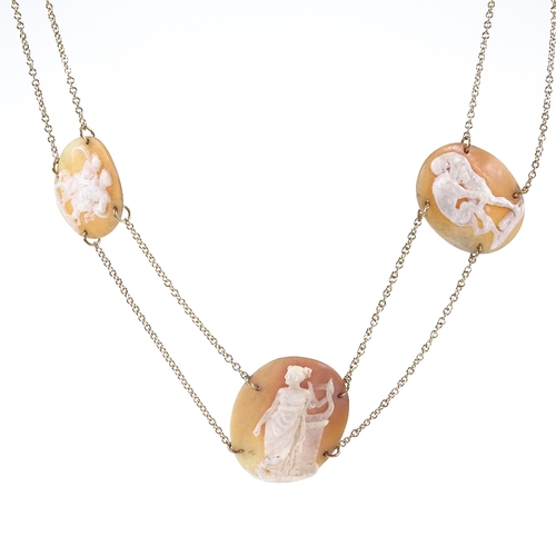 622 - A Victorian 3-panel relief carved cameo shell collar necklace, on later unmarked gold double-row cha... 