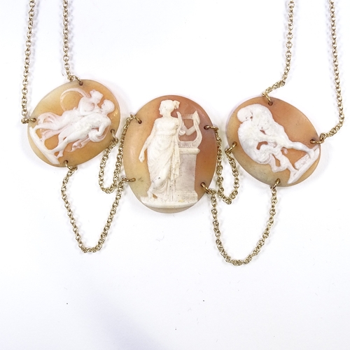 622 - A Victorian 3-panel relief carved cameo shell collar necklace, on later unmarked gold double-row cha... 