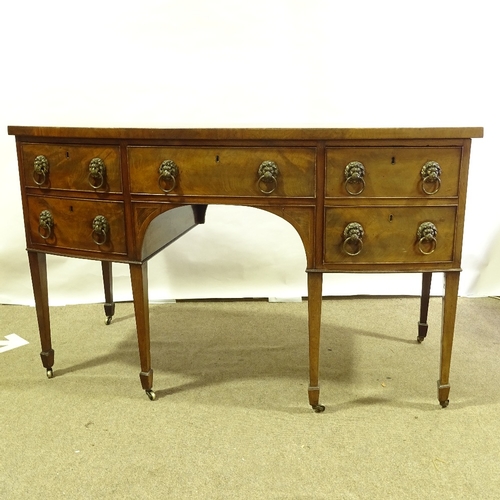 176 - George III mahogany bow-front knee-hole sideboard, with brass lion ring handles and tapered legs, wi... 