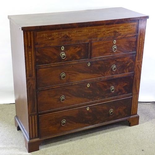 188 - A Regency mahogany chest of drawers, with 3 long and 2 short drawers, floral marquetry inlaid frieze... 