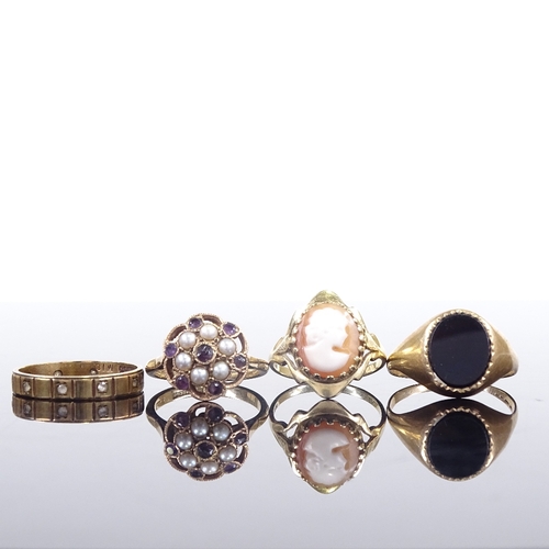 624 - 4 9ct gold stone set rings, including cameo, amethyst and pearl, onyx signet etc, sizes N, O, S and ... 