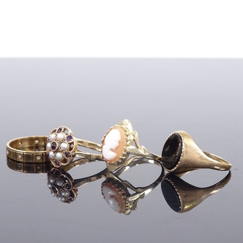 624 - 4 9ct gold stone set rings, including cameo, amethyst and pearl, onyx signet etc, sizes N, O, S and ... 