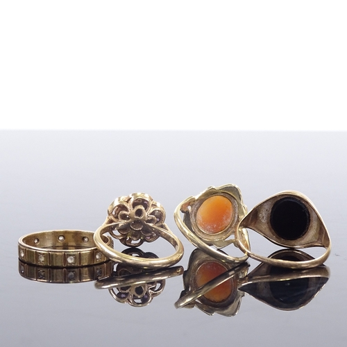 624 - 4 9ct gold stone set rings, including cameo, amethyst and pearl, onyx signet etc, sizes N, O, S and ... 