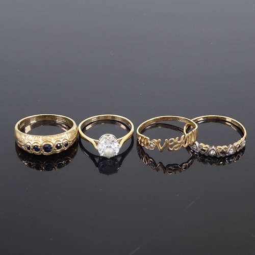 625 - 4 9ct gold stone set rings, stones include CZ and sapphire, sizes N, R, S and V, 8.4g total (4)