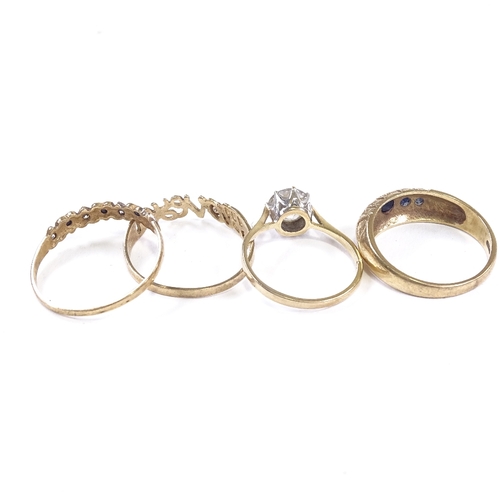 625 - 4 9ct gold stone set rings, stones include CZ and sapphire, sizes N, R, S and V, 8.4g total (4)