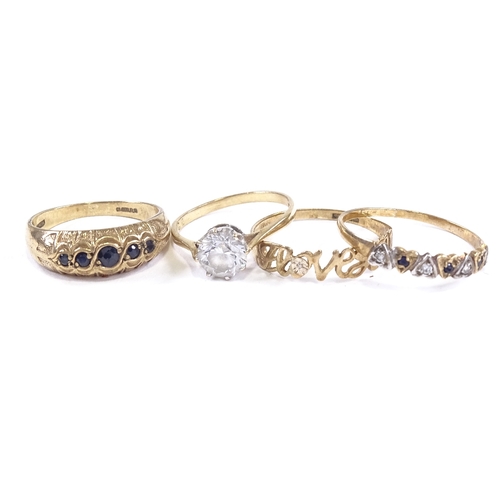 625 - 4 9ct gold stone set rings, stones include CZ and sapphire, sizes N, R, S and V, 8.4g total (4)