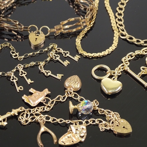 639 - 6 9ct gold bracelets, including charm, heart padlock gatelink, flat curb link etc, 27.8g total (6)