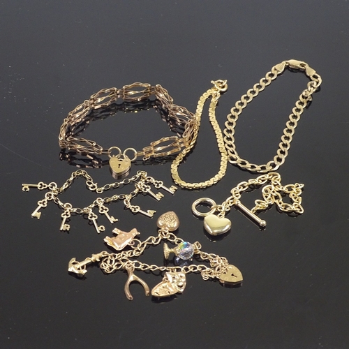 639 - 6 9ct gold bracelets, including charm, heart padlock gatelink, flat curb link etc, 27.8g total (6)