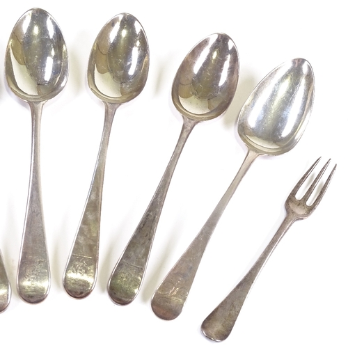 640 - A group of 18th century silver cutlery, including fork hallmarked London 1774, set of 5 tablespoons ... 