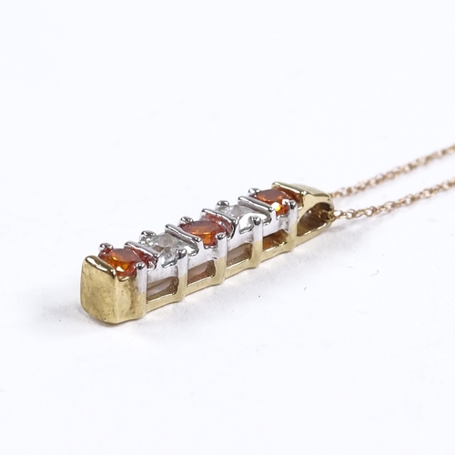 647 - A late 20th century unmarked gold CZ and orange stone line pendant necklace, on 9ct trace link chain... 