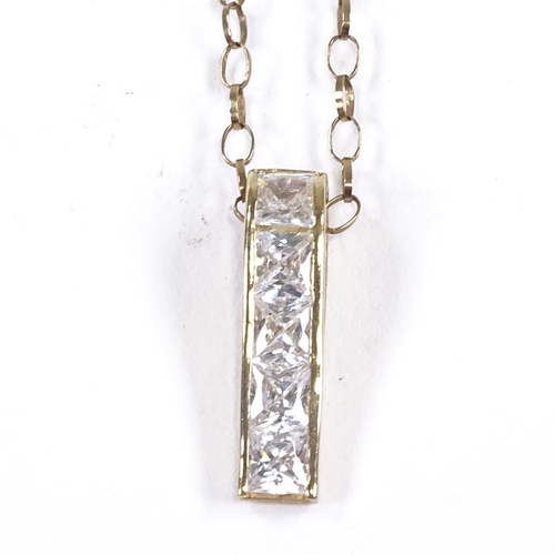 648 - A 9ct gold CZ line pendant necklace, on 9ct trace link chain, pendant height 15.8mm, chain length 50... 