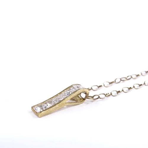 648 - A 9ct gold CZ line pendant necklace, on 9ct trace link chain, pendant height 15.8mm, chain length 50... 