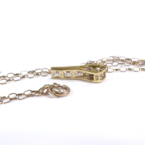 648 - A 9ct gold CZ line pendant necklace, on 9ct trace link chain, pendant height 15.8mm, chain length 50... 