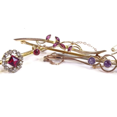 649 - 3 9ct gold stone set bar brooches, including amethyst and topaz examples, largest length 61mm, 6.9g ... 