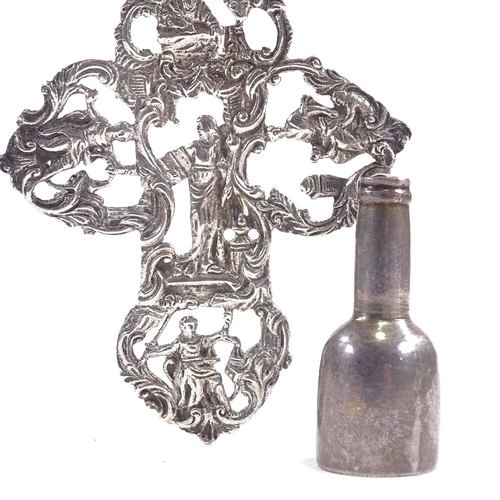 650 - A large Continental unmarked silver cruciform amulet, and a Dutch miniature silver flask, amulet len... 