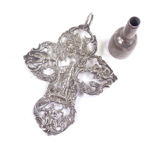 650 - A large Continental unmarked silver cruciform amulet, and a Dutch miniature silver flask, amulet len... 