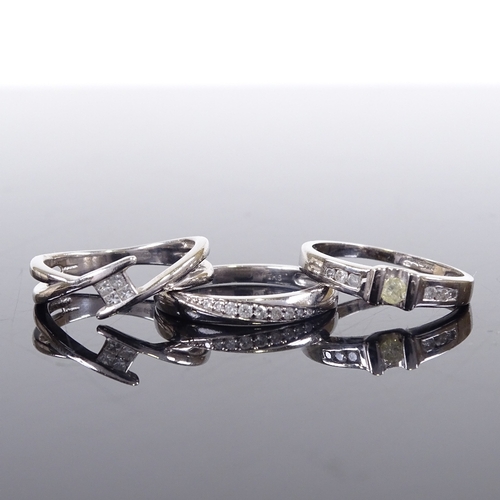 653 - 3 9ct white gold diamond dress rings, sizes L and M, 6.8g total (3)