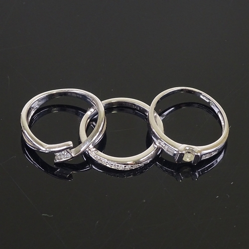 653 - 3 9ct white gold diamond dress rings, sizes L and M, 6.8g total (3)