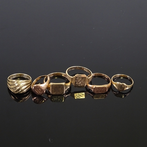 656 - 6 9ct gold signet rings, largest panel height 10.6mm, sizes I, L, N, R, T and U, 20.3g total (6)