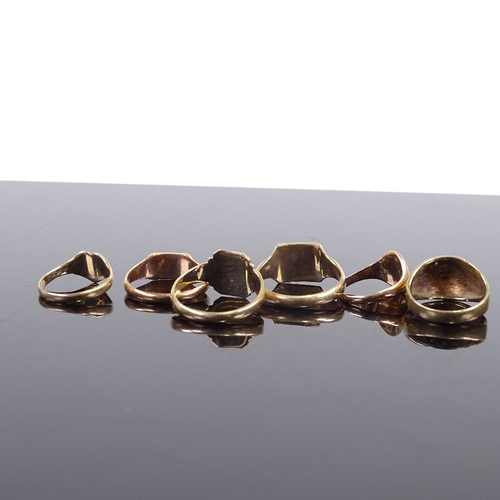 656 - 6 9ct gold signet rings, largest panel height 10.6mm, sizes I, L, N, R, T and U, 20.3g total (6)