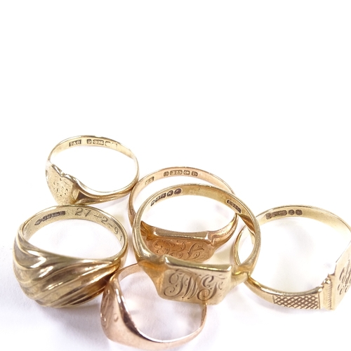 656 - 6 9ct gold signet rings, largest panel height 10.6mm, sizes I, L, N, R, T and U, 20.3g total (6)