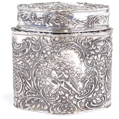 658 - A Continental silver tea caddy of shaped oval form with relief embossed lovers scenes, Swedish contr... 