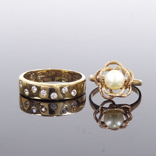 660 - 2 9ct gold stone set rings, including cultured pearl and CZ, sizes L and T respectively, band ring w... 