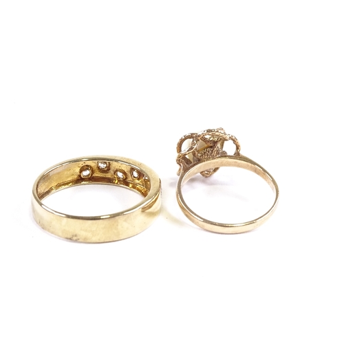 660 - 2 9ct gold stone set rings, including cultured pearl and CZ, sizes L and T respectively, band ring w... 