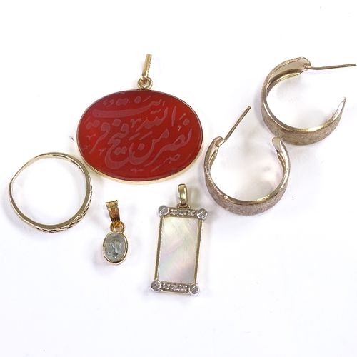 662 - Various gold jewellery, including 14ct mother-of-pearl panel pendant, unmarked gold-framed carved ag... 