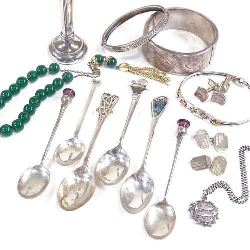 664 - Various silver and jewellery, including large engraved hinged bangle, novelty spoons, cufflinks etc