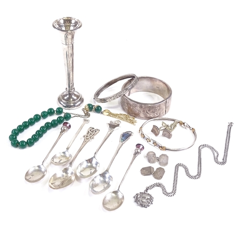 664 - Various silver and jewellery, including large engraved hinged bangle, novelty spoons, cufflinks etc