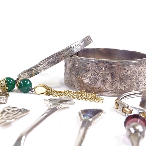 664 - Various silver and jewellery, including large engraved hinged bangle, novelty spoons, cufflinks etc