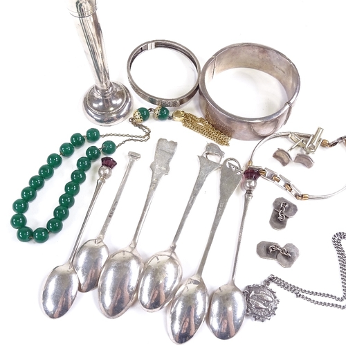 664 - Various silver and jewellery, including large engraved hinged bangle, novelty spoons, cufflinks etc