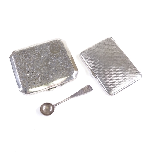 668 - Various silver, comprising 2 cigarette cases and a salt spoon, largest case length 9cm, 6.3oz total ... 