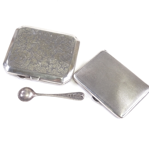 668 - Various silver, comprising 2 cigarette cases and a salt spoon, largest case length 9cm, 6.3oz total ... 