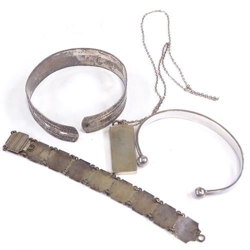 669 - Various silver jewellery, including ingot pendant necklace, torque bangles etc