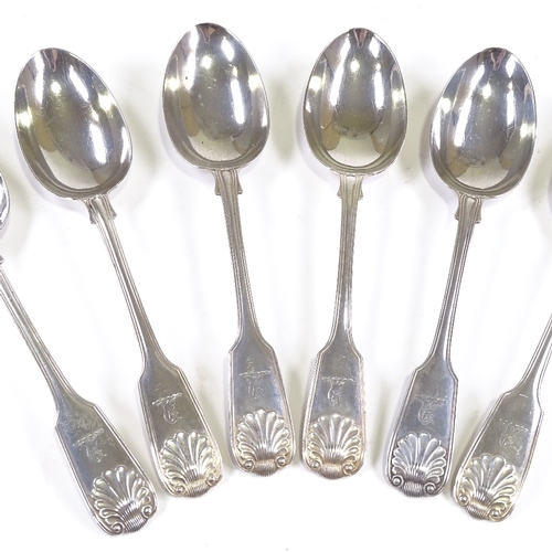 672 - A set of 6 late Victorian silver Fiddle Shell and Thread pattern serving spoons, by Walker & Hall, h... 