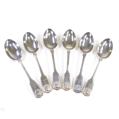 672 - A set of 6 late Victorian silver Fiddle Shell and Thread pattern serving spoons, by Walker & Hall, h... 