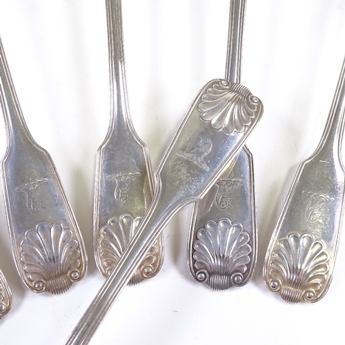 672 - A set of 6 late Victorian silver Fiddle Shell and Thread pattern serving spoons, by Walker & Hall, h... 