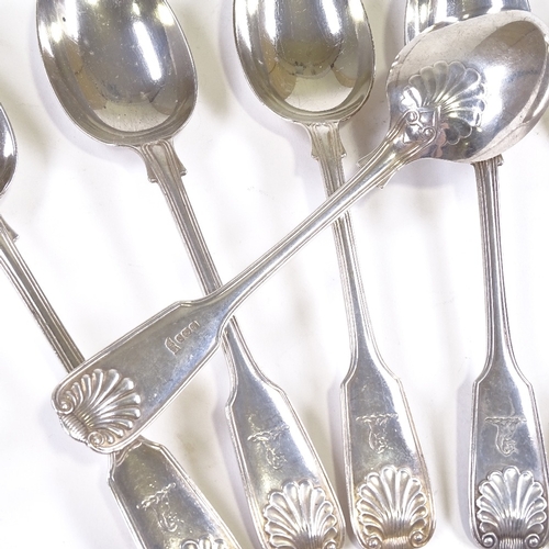 672 - A set of 6 late Victorian silver Fiddle Shell and Thread pattern serving spoons, by Walker & Hall, h... 