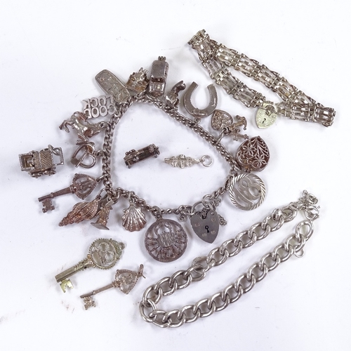 674 - 3 silver charm bracelet and various charms