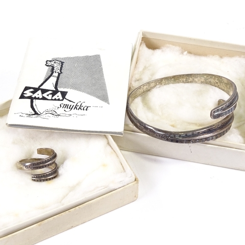 676 - DAVID ANDERSEN - a Vintage Norwegian sterling silver Saga Collection torque bangle and ring, bangle ... 