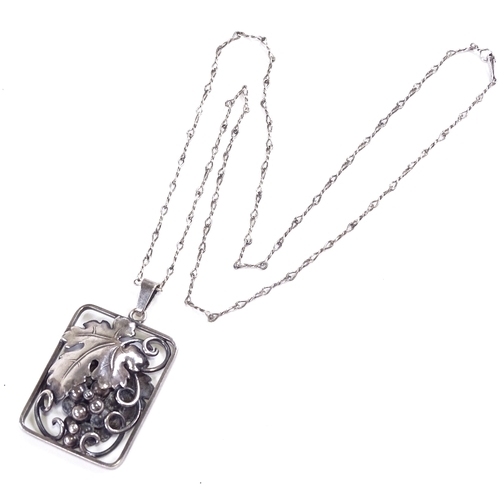 677 - GRANN & LAGLYE - a Vintage Danish stylised silver double-sided grapevine pendant necklace, on Contin... 