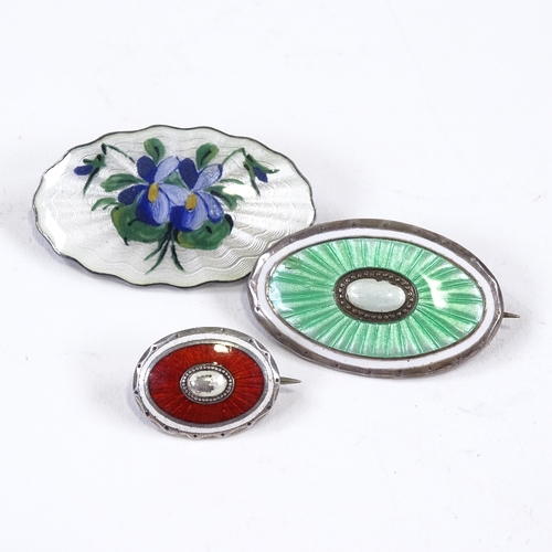 678 - 3 Scandinavian silver and enamel oval brooches, largest length 35.6mm, 13.2g total (3)