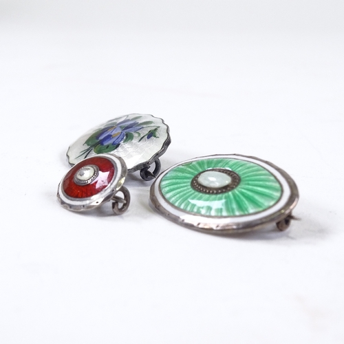 678 - 3 Scandinavian silver and enamel oval brooches, largest length 35.6mm, 13.2g total (3)