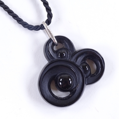 679 - LALIQUE - a modern black moulded crystal glass pendant necklace, on rope twist chain with sterling s... 