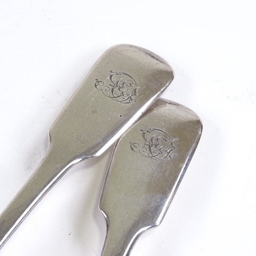 697 - A pair of Victorian silver Fiddle pattern serving spoons, by Robert Williams, hallmarks Exeter 1844,... 