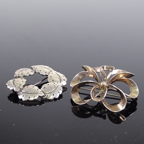 702 - NIELS ERIK FROM - 2 mid-century Danish stylised sterling silver floral brooches, largest length 43.9... 